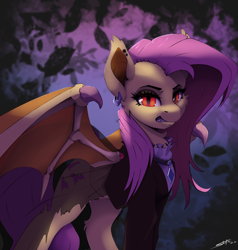 Size: 2850x3000 | Tagged: safe, artist:skitsroom, character:flutterbat, character:fluttershy, species:bat pony, species:pony, g4, alternate cutie mark, bat ponified, bat wings, clothing, cutie mark, ear piercing, earring, fangs, female, fluttergoth, high res, jewelry, looking at you, mare, piercing, race swap, sharp teeth, signature, solo, spread wings, teeth, three quarter view, wings