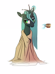 Size: 1700x2300 | Tagged: safe, artist:imadeus, character:queen chrysalis, species:changeling, g4, changeling queen, clothing, coffee, coffee mug, crown, cute, cutealis, drink, female, glowing horn, hand, horn, jewelry, looking sideways, magic, magic hands, messy mane, morning ponies, mug, quadrupedal, regalia, robe, simple background, solo, telekinesis, tired, towel, white background