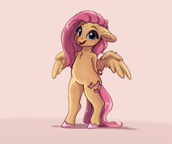 Size: 2736x2286 | Tagged: safe, artist:miokomata, character:fluttershy, species:pegasus, species:pony, g4, bipedal, chest fluff, colored hooves, cute, dawwww, eyebrows, female, floppy ears, freckles, freckleshy, hooves, hooves behind back, looking at you, mare, open mouth, open smile, pink background, semi-anthro, shyabetes, simple background, smiling, smiling at you, solo, spread wings, unshorn fetlocks, wings