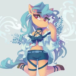 Size: 1200x1200 | Tagged: safe, artist:saxopi, oc, oc only, species:earth pony, species:pony, abstract background, choker, clothing, eyebrows, eyebrows visible through hair, female, jewelry, kneeling, looking sideways, mare, necklace, semi-anthro, shirt, shorts, solo