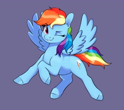 Size: 3600x3200 | Tagged: safe, artist:aquaticvibes, character:rainbow dash, species:pegasus, species:pony, g4, colored hooves, cute, cutie mark, dashabetes, eyebrows, eyebrows visible through hair, eyelashes, female, hooves, mare, one eye closed, simple background, smiling, solo, spread wings, tail, wings
