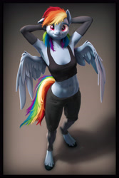 Size: 3600x5400 | Tagged: safe, artist:imafutureguitarhero, part of a set, character:rainbow dash, species:anthro, species:pegasus, species:pony, species:unguligrade anthro, g4, 3d, abs, armpits, belly, belly button, bra, clothing, cute, dashabetes, explicit source, female, floppy ears, gloves, hands on head, long gloves, looking at you, mare, pants, simple background, smiling, solo, source filmmaker, sports bra, spread wings, tail, tank top, underwear, unshorn fetlocks, wings