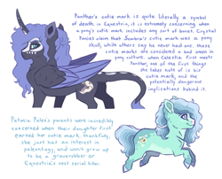 Size: 3531x2854 | Tagged: safe, artist:venommocity, character:petunia paleo, oc, oc:panther, parent:king sombra, parent:princess luna, parents:lumbra, species:alicorn, species:earth pony, species:pony, g4, colored wings, curved horn, cutie mark, dappled, eyebrows, filly, foal, folded wings, headcanon, headcanon in the description, horn, implied shipping, male, multicolored wings, offspring, shipping, simple background, smiling, stallion, tail, text, white background, wings, young