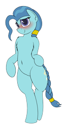 Size: 1000x1900 | Tagged: safe, artist:ponynamedmixtape, derpibooru original, character:petunia paleo, species:earth pony, species:pony, g4, belly, belly button, bipedal, blushing, braid, braided tail, chest fluff, cute, cutie mark, eyelashes, female, looking at you, mare, older petunia paleo, petuniabetes, semi-anthro, simple background, smiling, solo, tail, transparent background