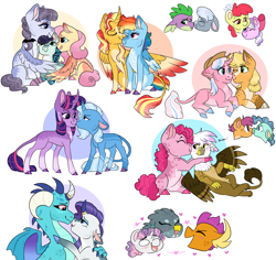 Size: 3914x3687 | Tagged: safe, artist:moccabliss, character:apple bloom, character:applejack, character:clear sky, character:coloratura, character:diamond tiara, character:fluttershy, character:gabby, character:gilda, character:inky rose, character:petunia paleo, character:pinkie pie, character:princess ember, character:rainbow dash, character:rarity, character:scootaloo, character:silver spoon, character:smolder, character:spike, character:sunset shimmer, character:sweetie belle, character:trixie, character:twilight sparkle, character:twilight sparkle (unicorn), species:alicorn, species:classical unicorn, species:dragon, species:earth pony, species:griffon, species:pegasus, species:pony, species:unicorn, ship:diamondbloom, ship:gildapie, ship:sunsetdash, ship:twixie, g4, my little pony:equestria girls, accessory swap, alicornified, apple family member, blushing, chest fluff, cloven hooves, colored hooves, colored wings, crack shipping, curved horn, dappled, dweeb, ear fluff, eyebrows, eyelashes, female, filly, floppy ears, headcanon in the description, height difference, hooves, horn, hug, jewelry, leonine tail, lesbian, male, mare, multicolored hair, multicolored wings, nuzzling, polyamory, race swap, shimmercorn, ship:embarity, shipping, spread wings, straight, tail, text, winghug, wings, young