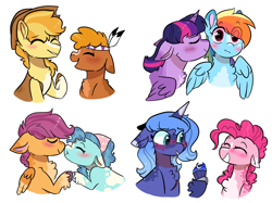 Size: 2732x2048 | Tagged: safe, artist:moccabliss, character:braeburn, character:little strongheart, character:petunia paleo, character:pinkie pie, character:princess luna, character:rainbow dash, character:scootaloo, character:twilight sparkle, character:twilight sparkle (alicorn), species:alicorn, ship:braeheart, ship:lunapie, ship:twidash, g4, apple family member, blushing, chest fluff, clothing, cupcake, dappled, eye clipping through hair, eyebrows, eyebrows visible through hair, eyes closed, female, floppy ears, folded wings, food, hat, headscarf, horn, kiss on the cheek, kissing, lesbian, male, nuzzling, open mouth, s1 luna, shipping, smiling, straight, surprised, vest, wings