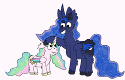 Size: 2374x1533 | Tagged: safe, artist:bringina, manebooru original, character:princess celestia, character:princess luna, species:alicorn, species:pony, g4, beanbrows, colored hooves, colored wings, cutie mark, ear fluff, ethereal mane, female, galaxy mane, height difference, hooves, horn, manechat challenge, multicolored wings, role reversal, royal sisters, siblings, sisters, unshorn fetlocks, wings