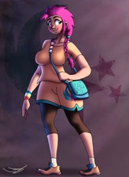 Size: 2978x4096 | Tagged: safe, artist:ringteam, character:sunny starscout, species:earth pony, species:human, g5, my little pony: a new generation, abstract background, bag, bracelet, clothing, cutie mark, female, handbag, humanized, jewelry, leggings, shoes, shorts, signature, simple background, smiling, sneakers, solo, species swap, wristband