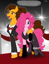 Size: 918x1200 | Tagged: safe, artist:ilyabethnard, character:cheese sandwich, character:pinkie pie, species:earth pony, species:pony, ship:cheesepie, g4, alternate universe, bow tie, clothing, dress, jewelry, necklace, pearl necklace, red carpet, shipping, suit, tuxedo