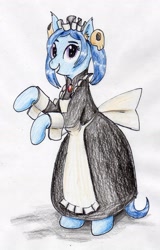 Size: 1605x2507 | Tagged: safe, artist:40kponyguy, derpibooru original, character:petunia paleo, species:earth pony, species:pony, g4, arm hooves, bipedal, bow, clothing, colored eyebrows, colored pencil drawing, cosplay, costume, crossover, dress, eyebrows, female, looking at you, mare, older petunia paleo, rearing, request, requested art, semi-anthro, simple background, skullgirls, solo, traditional art