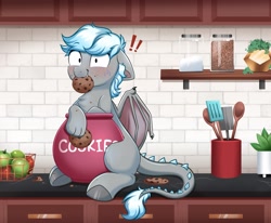 Size: 4000x3298 | Tagged: safe, artist:confetticakez, patreon reward, oc, oc only, species:dragon, apple, bat wings, blushing, caught, cloven hooves, cookie, cookie jar, cute, ear fluff, eyelashes, floppy ears, food, fruit, fruit basket, hooves, hybrid, kitchen, kitchen counter, leonine tail, sitting, solo, spice, stealing, tail, utensils, wings, ych result