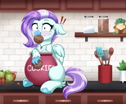 Size: 4000x3298 | Tagged: safe, artist:confetticakez, oc, oc only, species:classical hippogriff, species:hippogriff, apple, blushing, caught, cloven hooves, cookie, cookie jar, cute, ear fluff, eyelashes, floppy ears, food, fruit, fruit basket, hooves, jewelry, kitchen, kitchen counter, leonine tail, necklace, sitting, solo, spice, stealing, tail, utensils, wings, ych result