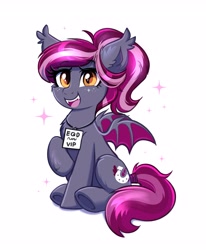 Size: 2619x3173 | Tagged: safe, artist:confetticakez, oc, oc only, oc:spotlight splash, species:bat pony, species:pony, equestria daily, bat ponified, bat wings, cute, cutie mark, ear fluff, equestria daily mascots, female, mare, name tag, ocbetes, open mouth, ponytail, race swap, simple background, solo, tail, white background, wings