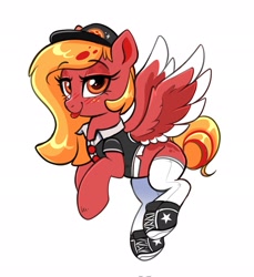 Size: 1879x2048 | Tagged: safe, artist:confetticakez, oc, oc only, oc:stuffed crust, species:pegasus, species:pony, blushing, clothing, colored wings, cute, eyebrows, eyebrows visible through hair, female, freckles, hat, hoof shoes, lidded eyes, looking at you, mare, multicolored wings, ocbetes, shirt, shoes, simple background, socks, solo, stockings, thigh highs, tongue out, white background, wings
