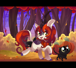 Size: 2792x2500 | Tagged: safe, artist:spookyle, oc, oc only, oc:pumpkin patch, parent:rain shine, species:kirin, g4, autumn, bow, cat, cloven hooves, colored hooves, cute, female, forest, hooves, illustration, kirin oc, leaves, looking at you, non-pony oc, ocbetes, open mouth, open smile, raised hoof, smiling, smiling at you, solo, tail bow, tree