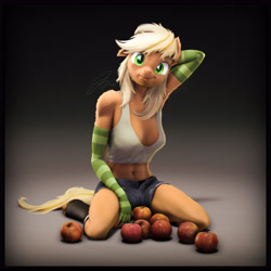 Size: 5400x5400 | Tagged: safe, artist:imafutureguitarhero, part of a set, character:applejack, species:anthro, species:earth pony, species:pony, species:unguligrade anthro, g4, 3d, abs, apple, belly button, black underwear, breasts, cleavage, clothing, denim shorts, explicit source, female, fingerless elbow gloves, fingerless gloves, floppy ears, food, gloves, hot pants, long gloves, looking at you, mare, panties, shorts, simple background, sitting, smiling, solo, source filmmaker, striped gloves, tail, tank top, tongue out, underwear