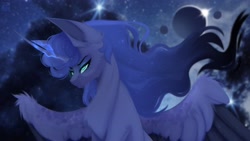 Size: 3840x2160 | Tagged: safe, artist:sgertly, character:princess luna, species:alicorn, species:pony, g4, complex background, eclipse, ethereal mane, eyebrows, eyelashes, female, galaxy mane, glowing horn, horn, magic, mare, moon, solo, spread wings, suggestive source, wings