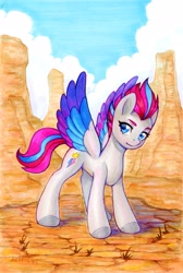 Size: 1077x1600 | Tagged: safe, artist:asimos, character:zipp storm, species:pegasus, species:pony, g5, cloud, colored eyebrows, colored wings, cutie mark, day, desert, female, looking back, mare, marker drawing, multicolored hair, multicolored wings, outdoors, sky, solo, spread wings, tail, traditional art, wings