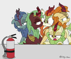 Size: 3000x2509 | Tagged: safe, artist:icey, character:autumn afternoon, character:autumn blaze, character:cinder glow, character:spring glow, character:summer flare, oc, oc:nova glow, species:kirin, g4, adorable distress, background kirin, behaving like a cat, cute, female, fire extinguisher, gray background, lidded eyes, male, nervous, open mouth, profile, scared, signature, simple background, sitting, smiling, sweat, three quarter view, unamused, varying degrees of want