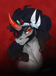 Size: 3032x4096 | Tagged: safe, artist:opalacorn, character:king sombra, species:pony, species:umbrum, g4, bust, crown, gradient background, jewelry, looking at you, male, portrait, red background, regalia, simple background, solo, sombra horn, stallion