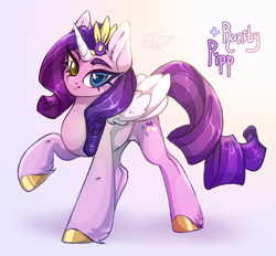 Size: 3150x2917 | Tagged: safe, artist:rico_chan, character:pipp petals, character:rarity, species:alicorn, species:pegasus, species:pony, species:unicorn, g4, g5, colored hooves, ear fluff, female, fusion, heterochromia, high res, hooves, looking at you, mare, pipp wings, raised hoof, sketch, solo, three quarter view, unshorn fetlocks