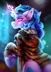 Size: 2965x4200 | Tagged: safe, artist:rico_chan, character:izzy moonbow, species:pony, species:unicorn, g5, my little pony: a new generation, blurred background, city, colored eyebrows, colored hooves, colored pupils, cyberpunk, cyberpunk 2077, ear fluff, eye glow, eyebrows, female, fluffy, frog (hoof), glowing, glowing eyes, glowing horn, gradient hair, hooves, horn, looking at you, magic, magic aura, mare, multicolored hair, profile, raised hoof, rear view, samurai, scar, smiling, solo, underhoof, unshorn fetlocks