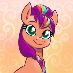Size: 2048x2048 | Tagged: safe, artist:pfeffaroo, character:sunny starscout, species:earth pony, species:pony, g5, abstract background, braid, bust, colored eyebrows, colored pupils, cute, eyebrows, looking at you, multicolored hair, portrait, smiling, solo, sunnybetes