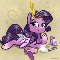 Size: 2048x2048 | Tagged: safe, artist:pfeffaroo, character:pipp petals, character:rarity, species:pegasus, species:pony, g4, g5, alternate hairstyle, circlet, colored hooves, comb, cute, eyebrows, female, g4 to g5, generation leap, hair dryer, high res, hooves, looking at you, lying down, mare, pipp wings, prone, raised hoof, rarity's hair, signature, smiling, smiling at you, solo, three quarter view, unshorn fetlocks, wings