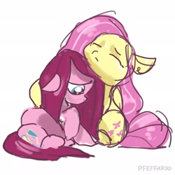 Size: 2048x2048 | Tagged: safe, artist:pfeffaroo, character:fluttershy, character:pinkamena diane pie, character:pinkie pie, species:earth pony, species:pegasus, species:pony, g4, duo, female, floppy ears, looking down, mare, sad, sadorable, signature, simple background, sketch, straight hair, white background