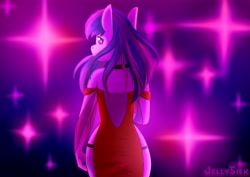 Size: 4093x2894 | Tagged: safe, artist:jellysiek, character:twilight sparkle, species:anthro, g4, abstract background, ass, butt, choker, female, jewelry, looking at you, looking back, looking back at you, mare, necklace, no pupils, red dress, side slit, signature, solo