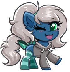 Size: 1340x1376 | Tagged: safe, artist:confetticakez, oc, oc only, species:earth pony, species:pony, blushing, bow, chibi, clothing, colored, colored pupils, colored sketch, eyebrows, eyebrows visible through hair, eyelashes, female, hoodie, looking at you, mare, open mouth, simple background, sketch, socks, solo, stockings, striped socks, striped stockings, tail bow, thigh highs, three quarter view, white background, winking at you