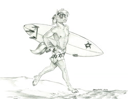Size: 1500x1161 | Tagged: safe, artist:baron engel, character:sandbar, species:anthro, species:earth pony, species:unguligrade anthro, g4, abs, beach, black and white, board shorts, eyebrows, grayscale, male, monochrome, ocean, outdoors, partial nudity, pencil drawing, signature, simple background, solo, stallion, surfboard, topless, traditional art, unshorn fetlocks, water, white background
