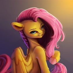Size: 4000x4000 | Tagged: safe, artist:miokomata, character:fluttershy, species:pegasus, species:pony, g4, colored hooves, cute, eyebrows, female, freckles, freckleshy, gradient background, hooves, looking at you, mare, raised hoof, shyabetes, simple background, smiling, solo, suggestive source, wings