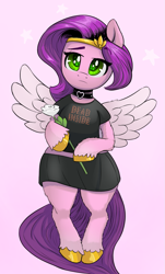 Size: 725x1200 | Tagged: safe, artist:ahobobo, character:pipp petals, species:pegasus, species:pony, g5, bipedal, choker, circlet, clothing, colored hoves, colored pupils, dress, eyebrows, eyebrows visible through hair, female, flower, front view, full face view, headband, heart, hoof hold, jewelry, looking at you, mare, necklace, pink background, pipp wings, sad, semi-anthro, simple background, solo, sparkly eyes, spread wings, stars, text, unshorn fetlocks, wings