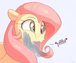 Size: 2500x2051 | Tagged: safe, artist:nookprint, character:fluttershy, species:pegasus, species:pony, g4, bust, cheek squish, derp, disembodied hand, eyebrows, female, gray background, hand, mare, onomatopoeia, signature, simple background, solo, squishy cheeks, three quarter view