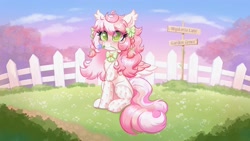 Size: 3840x2160 | Tagged: safe, artist:confetticakez, patreon reward, oc, oc only, oc:pillow princess, species:pegasus, species:pony, braid, clothing, colored, colored sketch, cute, eye clipping through hair, eyebrows, eyebrows visible through hair, female, fence, flower, grass, holding, mare, mouth hold, ocbetes, outdoors, picket fence, sketch, socks, solo, spread wings, stockings, thigh highs, wings