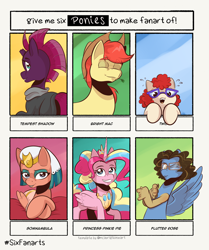 Size: 1976x2360 | Tagged: safe, artist:saturdaymorningproj, character:bright mac, character:pinkie pie, character:somnambula, character:tempest shadow, character:twist, oc, oc:flutter rose, species:alicorn, species:draconequus, species:earth pony, species:pegasus, species:pony, species:unicorn, g4, apple family member, clothing, cowboy hat, glasses, hat, headdress, multicolored hair, pinkiecorn, princess pinkie pie, spread wings, stetson, wings
