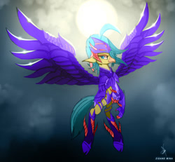 Size: 1518x1400 | Tagged: safe, artist:zidanemina, character:princess skystar, species:classical hippogriff, species:hippogriff, g4, anime, armor, crossover, female, flying, freckles, looking at you, questionable source, saint seiya, solo, spread wings, sun, wings