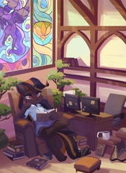 Size: 3000x4096 | Tagged: safe, artist:saxopi, oc, oc only, species:pony, species:unicorn, g4, arm hooves, chair, clothing, coffee, coffee mug, commission, computer screen, desk, drink, eyebrows, eyebrows visible through hair, horn, mug, no pupils, reading, semi-anthro, shirt, shorts, sitting, solo, stained glass, stained glass window, tree