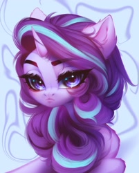 Size: 1827x2271 | Tagged: safe, artist:shenki, character:starlight glimmer, species:pony, species:unicorn, g4, abstract background, bust, explicit source, eyebrows, eyebrows visible through hair, eyelashes, female, horn, looking at you, mare, portrait, solo