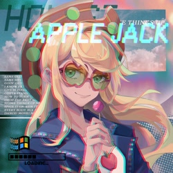Size: 1200x1200 | Tagged: safe, artist:alice-x, part of a set, character:applejack, species:human, episode:shake things up!, eqg summertime shorts, g4, my little pony:equestria girls, anaglyph 3d, apple, candy, clothing, equestria music festival, female, food, glasses, hat, lollipop, looking at you, lyrics, progress bar, solo, text, windows, windows 95