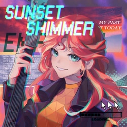 Size: 1200x1200 | Tagged: safe, artist:alice-x, part of a set, character:sunset shimmer, species:human, episode:my past is not today, g4, my little pony: equestria girls, my little pony:equestria girls, anaglyph 3d, electric guitar, equestria music festival, female, guitar, looking at you, lyrics, mouse cursor, musical instrument, progress bar, solo, text