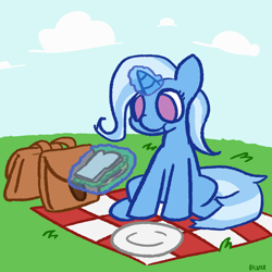 Size: 2500x2500 | Tagged: safe, artist:bilayer64, character:trixie, species:pony, species:unicorn, g4, bag, cute, eating, female, food, glowing horn, happy, horn, lunch bag, magic, magic aura, mare, no pupils, picnic blanket, plate, saddle bag, sandwich, signature, solo, telekinesis