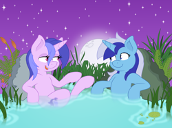 Size: 4872x3636 | Tagged: safe, artist:joey darkmeat, artist:thatusualguy06, character:minuette, character:sea swirl, species:pony, species:unicorn, g4, .svg available, digital art, duo, duo female, female, high res, looking at each other, looking at someone, mare, moon, night, night sky, open mouth, plant, rock, sitting, sky, stars, vector, wet, wet mane