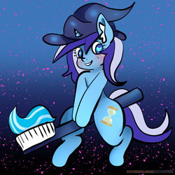 Size: 534x534 | Tagged: safe, artist:anykoe, character:minuette, species:pony, species:unicorn, g4, clothing, explicit source, female, gradient background, hat, heart, heart eyes, looking at you, mare, night, semi-anthro, signature, solo, toothbrush, toothpaste, wingding eyes, witch, witch hat