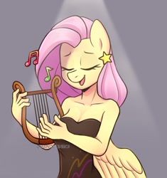Size: 1215x1291 | Tagged: safe, artist:handgunboi, character:fluttershy, species:anthro, species:pegasus, species:pony, g4, clothing, dress, eyebrows, eyes closed, female, gray background, light, lyre, music notes, musical instrument, open mouth, signature, simple background, solo, spotlight, wings
