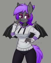 Size: 1298x1602 | Tagged: safe, artist:handgunboi, oc, oc only, oc:amethyst gear, species:anthro, species:bat pony, g4, anthro oc, bat pony oc, bat wings, clothing, commission, ear piercing, earring, female, gray background, hoodie, jewelry, lidded eyes, looking at you, mare, piercing, signature, simple background, solo, spread wings, wings