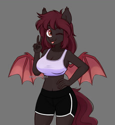 Size: 1280x1385 | Tagged: safe, artist:handgunboi, oc, oc only, species:anthro, species:bat pony, g4, ;p, anthro oc, bat pony oc, bat wings, breasts, clothing, commission, female, gray background, looking at you, mare, midriff, one eye closed, peace sign, shorts, simple background, solo, spread wings, tongue out, wings, wink, winking at you