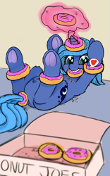 Size: 479x770 | Tagged: safe, artist:firenhooves, character:princess luna, species:alicorn, species:pony, g4, cute, donut, eating, featureless crotch, female, filly, filly luna, food, frog (hoof), glowing horn, holding, hooves, lunabetes, lying down, magic, mouth hold, on back, silly, silly pony, smiling, solo, telekinesis, underhoof, woona, young, younger