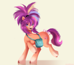 Size: 3200x2800 | Tagged: safe, artist:soundofhooves, character:sunny starscout, species:earth pony, species:pony, g5, alternate hairstyle, bag, bow, coat markings, colored eyebrows, colored hooves, cute, eyebrows, female, hooves, looking at you, mare, open mouth, open smile, raised hoof, saddle bag, satchel, signature, simple background, smiling, socks (coat marking), solo, sunnybetes, tail bow